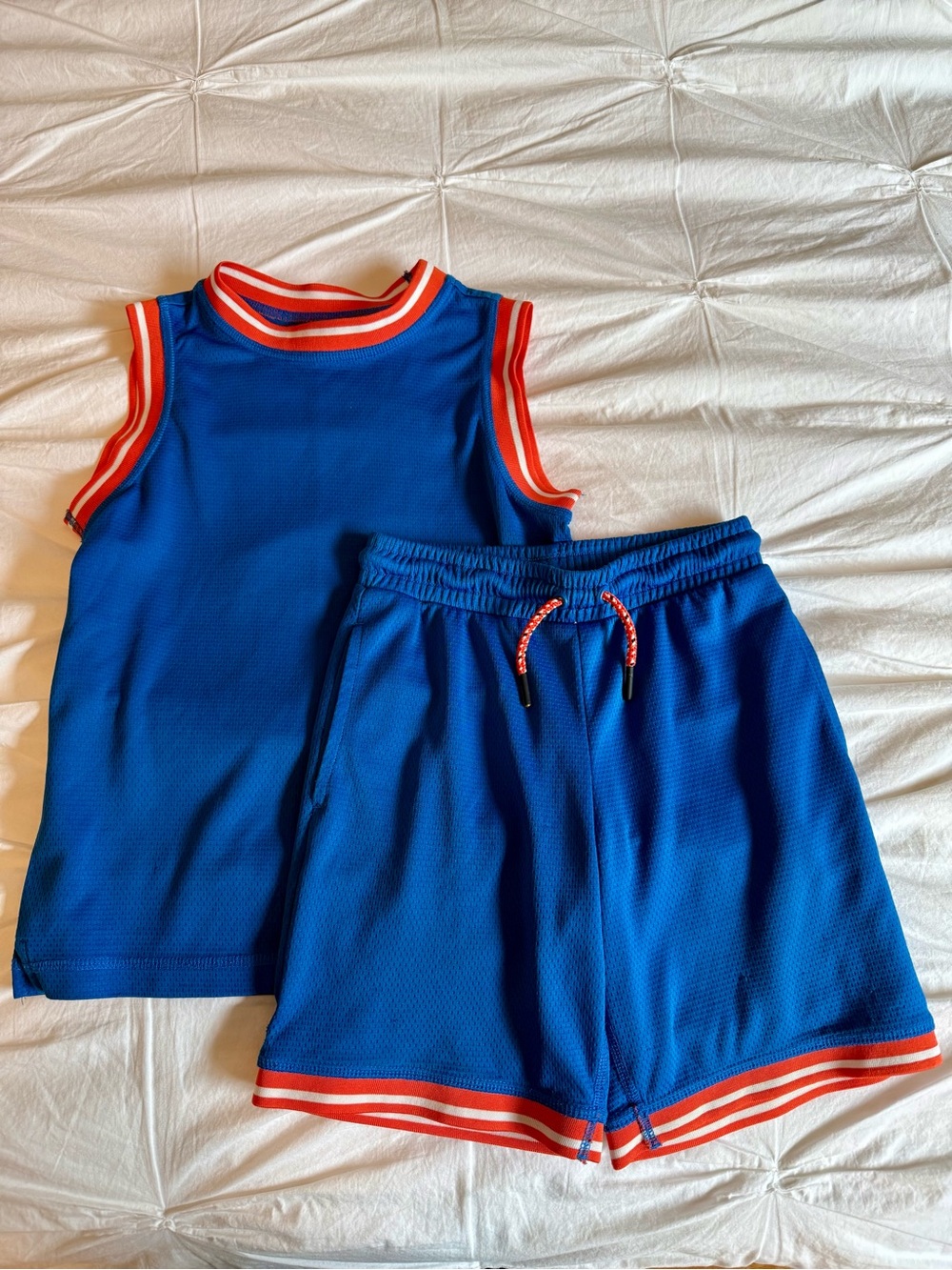 Hanna Andersson Boy’s Basketball Jersey Set, blue and orange, size 6-7